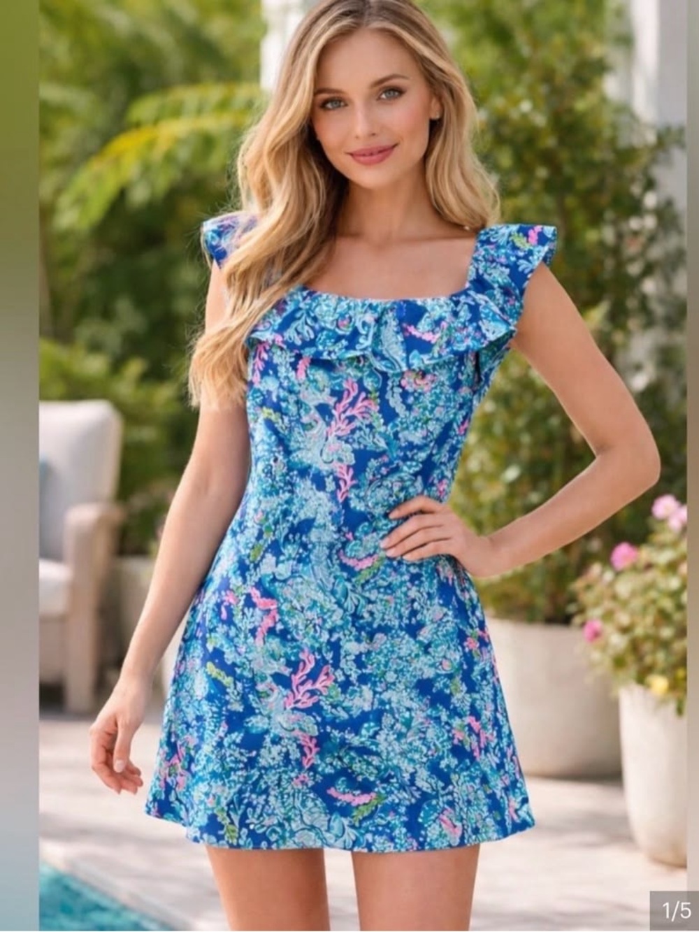 Lilly Pulitzer Blue Coral-Print Ruffle Neck Romper